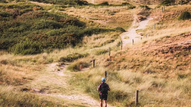 Personne marchant sur un sentier en bord de mer avec des falaises en arrière-plan