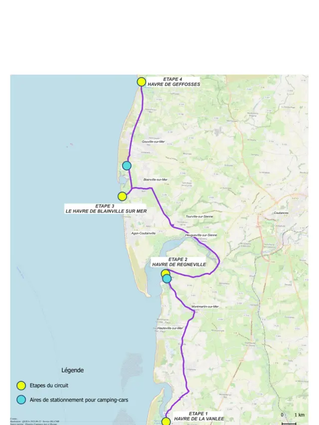 Carte d'un circuit de randonnée côtière avec étapes et aires de stationnement