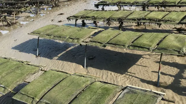 Salt fields by the sea with wooden structures
