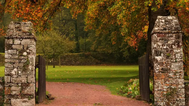 Une allée en terre battue bordée de deux piliers en pierre menant à un parc arboré en automne à l'Abbaye de Hambye