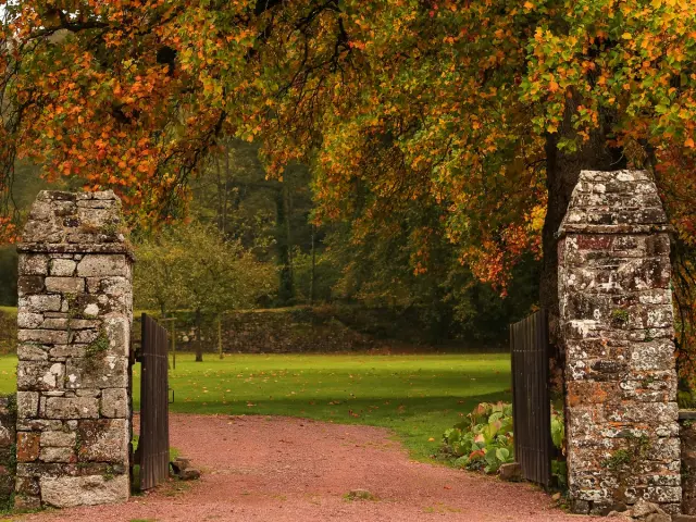 Une allée en terre battue bordée de deux piliers en pierre menant à un parc arboré en automne à l'Abbaye de Hambye