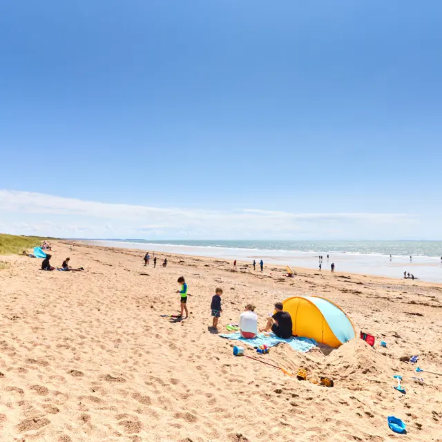 Gruppe von Menschen, die einen sonnigen Tag am Strand genießen