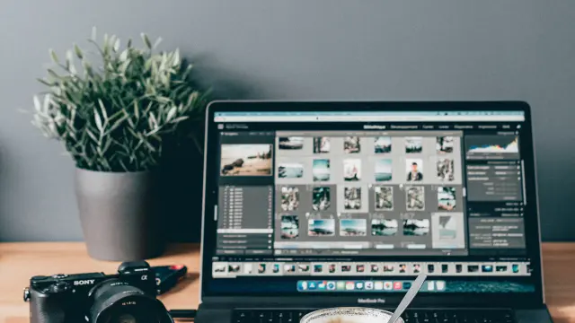 Un ordinateur portable affichant des photos, une caméra Sony, une plante et une tasse de café sur un bureau en bois