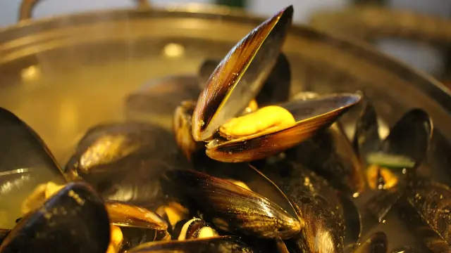 Moules cuites dans un grand plat en métal