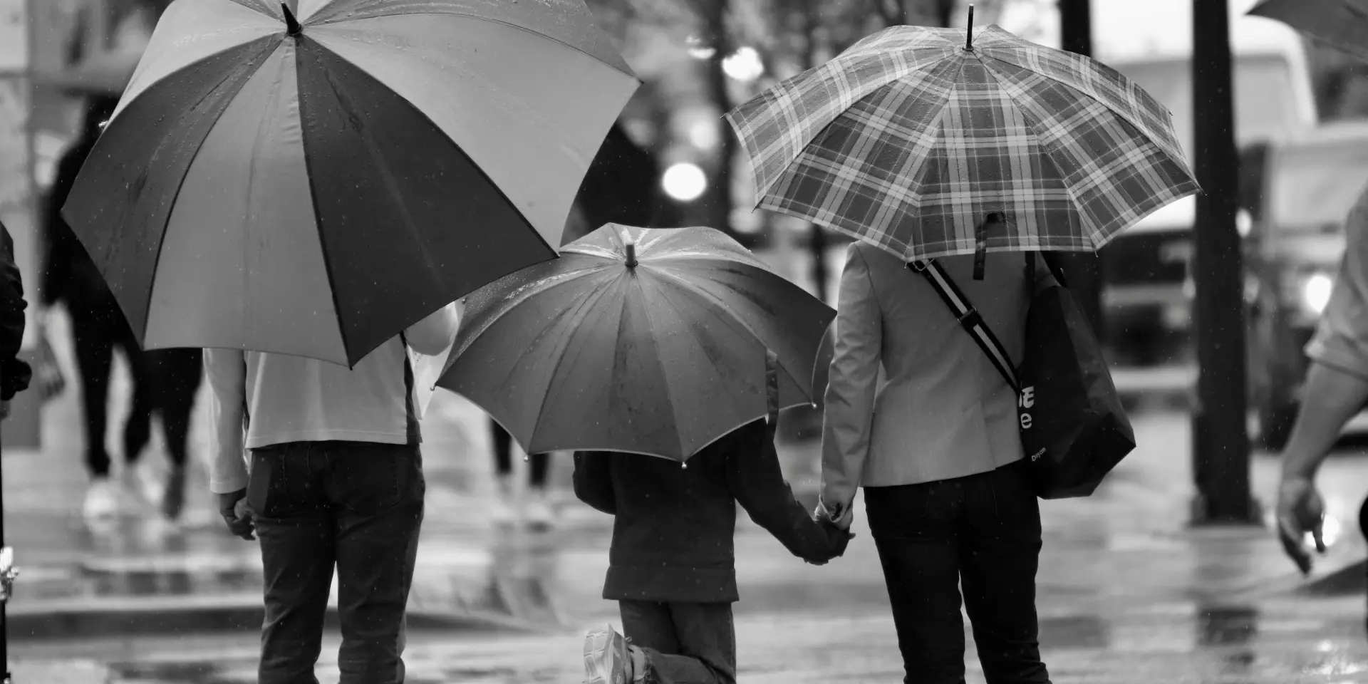 A family walks in the rain with umbrellas