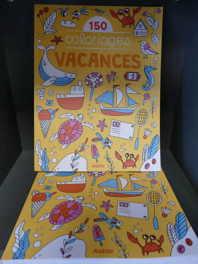 Livre de coloriage pour les vacances avec des illustrations de plage, de bateau et d'animaux marins