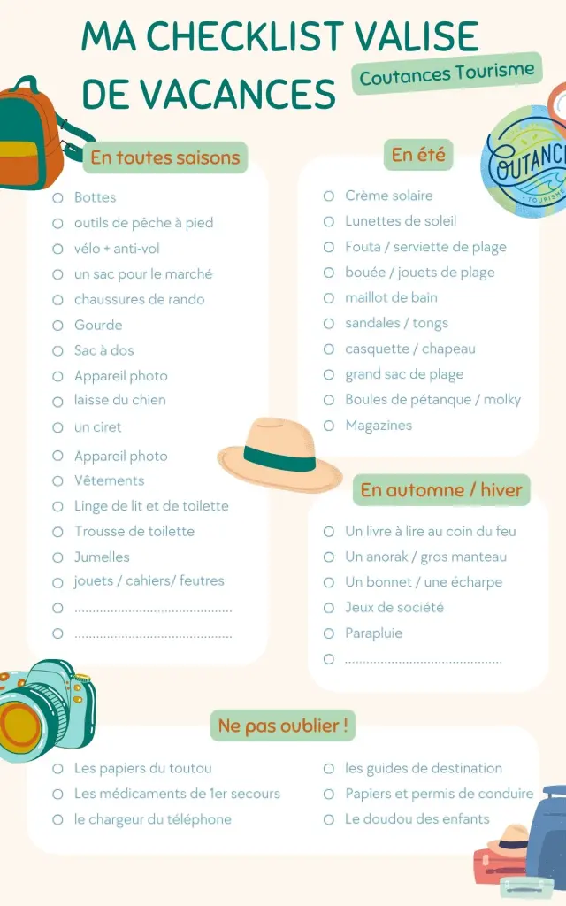 Checklist de vacances avec des articles à emporter en été, en automne/hiver et en toutes saisons