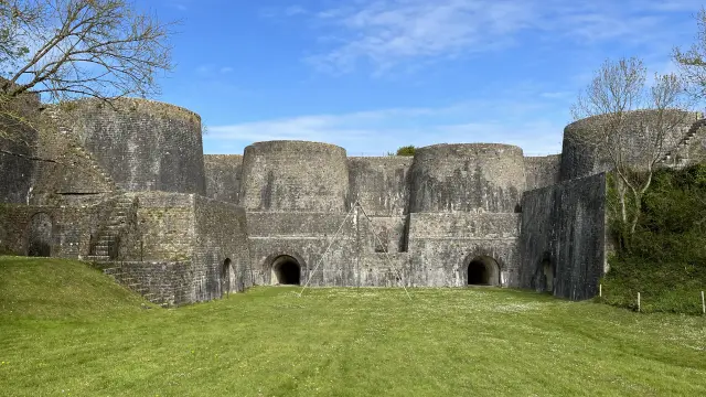 Anciennes ruines en pierre avec arcs et tours, entourées d'une prairie