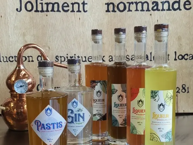 Bouteilles de pastis, gin et liqueurs artisanales de la distillerie Montjoie de Gavray