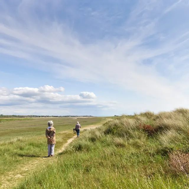 Deux personnes marchant dans un champ herbeux avec des nuages dans le ciel