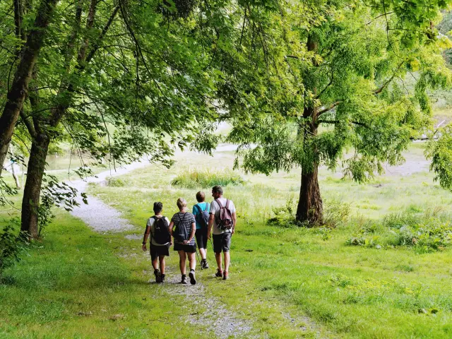 Quatre personnes marchant sur un sentier de randonnée