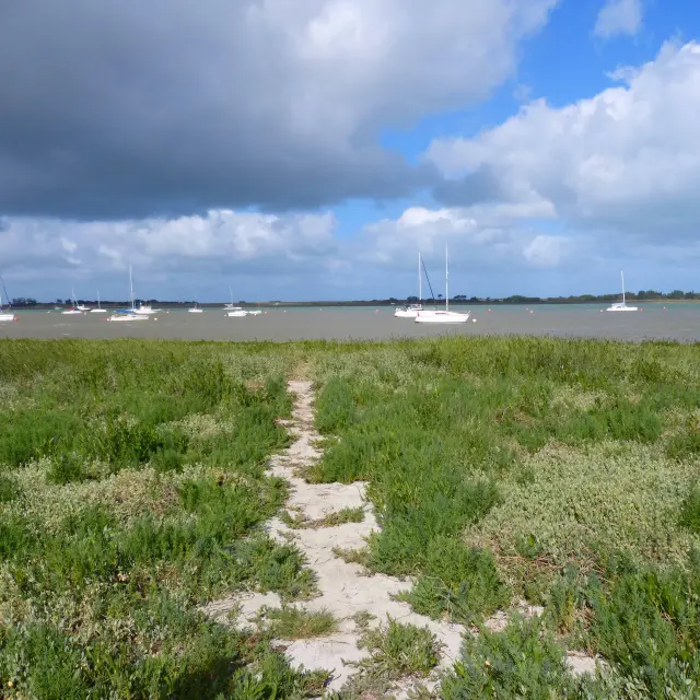 Sandweg, der zu einer Wasserfläche mit Booten in der Ferne führt