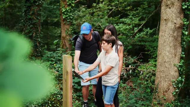 Un homme, une femme et un enfant marchent sur un sentier en forêt : randonnée