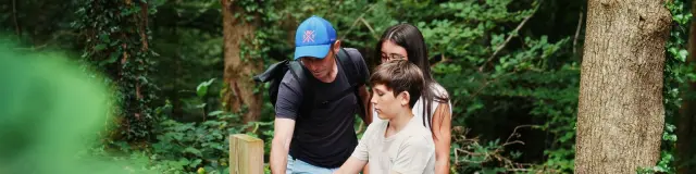 Un homme, une femme et un enfant marchent sur un sentier en forêt : randonnée