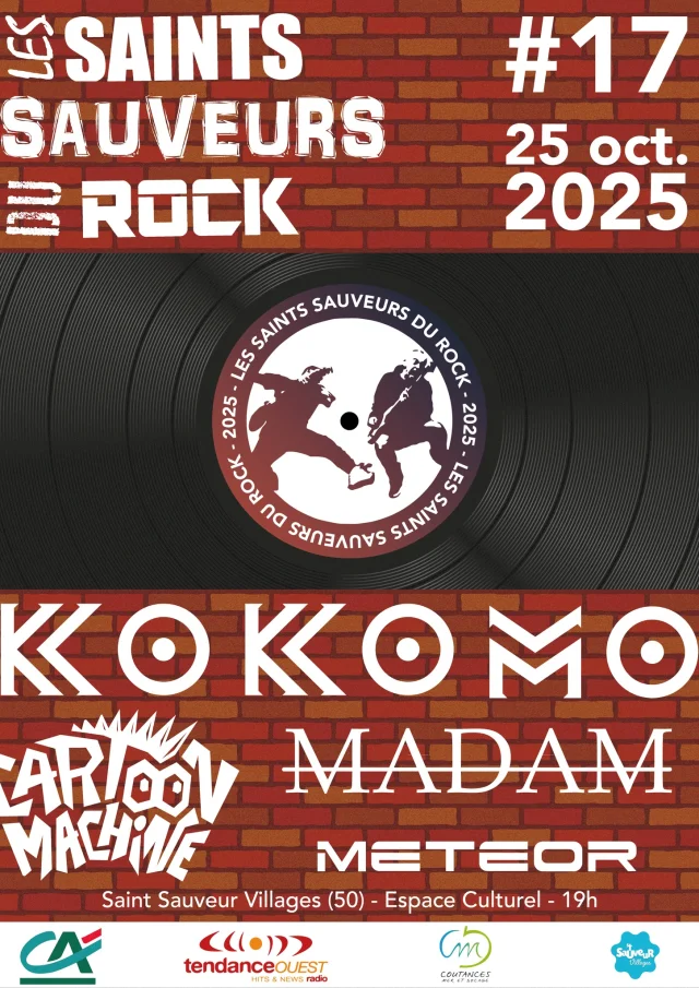 Affiche du festival Les Saints Sauveurs du Rock avec les groupes Kokomo, Madam et Meteor