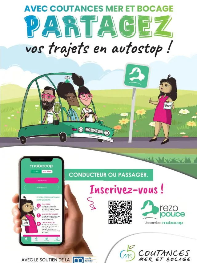 Une affiche encourageant le partage de trajets en autostop avec une illustration d'une voiture et des personnes