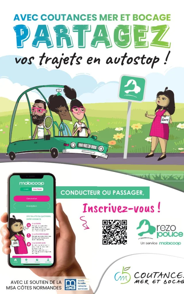 Une affiche encourageant le partage de trajets en autostop avec une illustration d'une voiture et des personnes