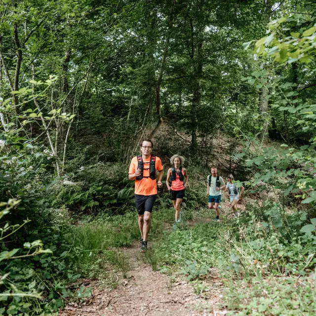 Trois personnes courant sur un sentier arboré
