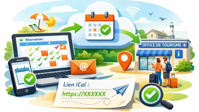 Écran affichant un système de réservation en ligne avec icônes de validation et lien iCal, entouré d'éléments de tourisme comme un office de tourisme et des paysages