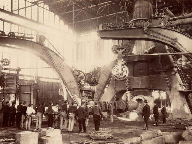 The 100-ton sledgehammer hall in 1881, Le Creusot.