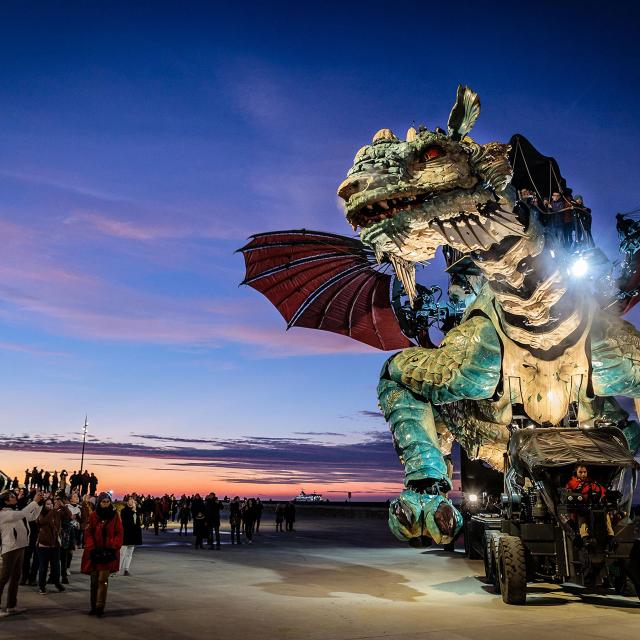 Der Drache von Calais bei Nacht in Nordfrankreich. Copyright: Fred Collier, Ville de Calais