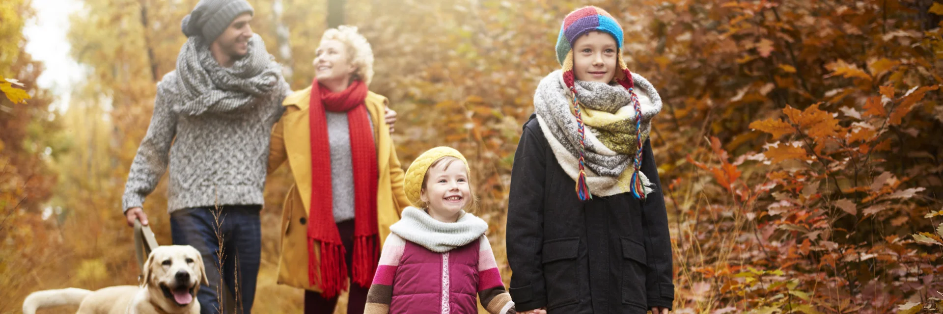 Parents with children walking in autumn woods