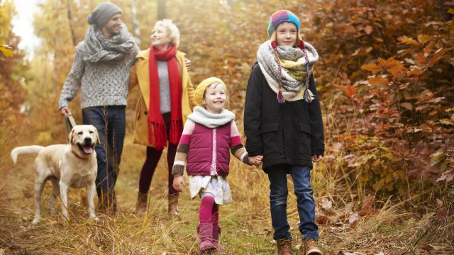 Parents with children walking in autumn woods