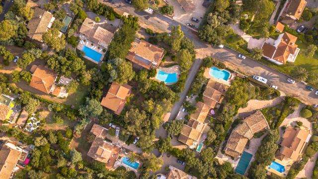 Luxury Villas with swimming pools top down aerial view in Southern France