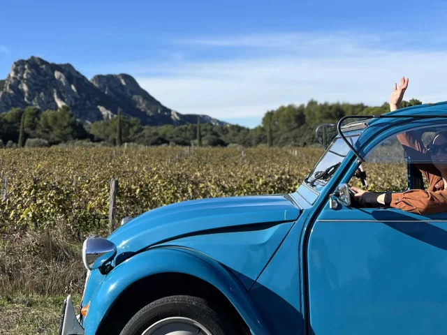 A woman in a blue 2CV in front of a Provence landscape