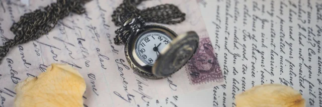 Lettres manuscrite avec une montre à gousset posée dessus