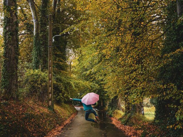 Homme de dos sautant avec un parapluie rose dans la rue de campagne bordée d'arbres aux couleurs automnales