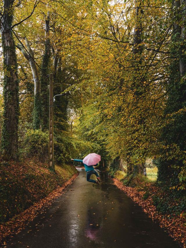 Homme de dos sautant avec un parapluie rose dans la rue de campagne bordée d'arbres aux couleurs automnales