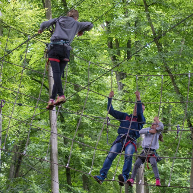 Enfants et parents sur un parcours d'accrobranche à Arb Aventure