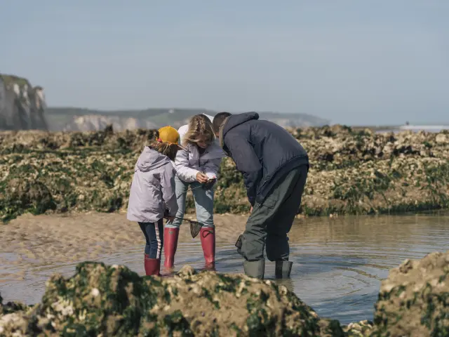 Une maman et sa famille, en compagnie d'un guide observent des animaux qu'ils viennent de pêcher