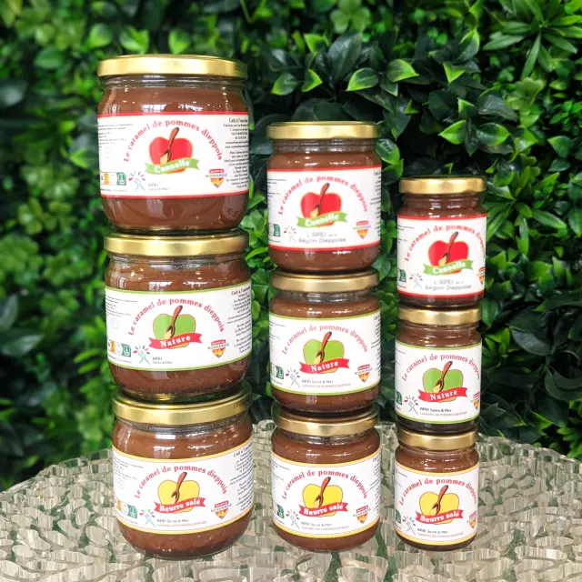 3 rangés de caramel de pomme dieppois, nature, beurre salé et cannelle dans tous les formats