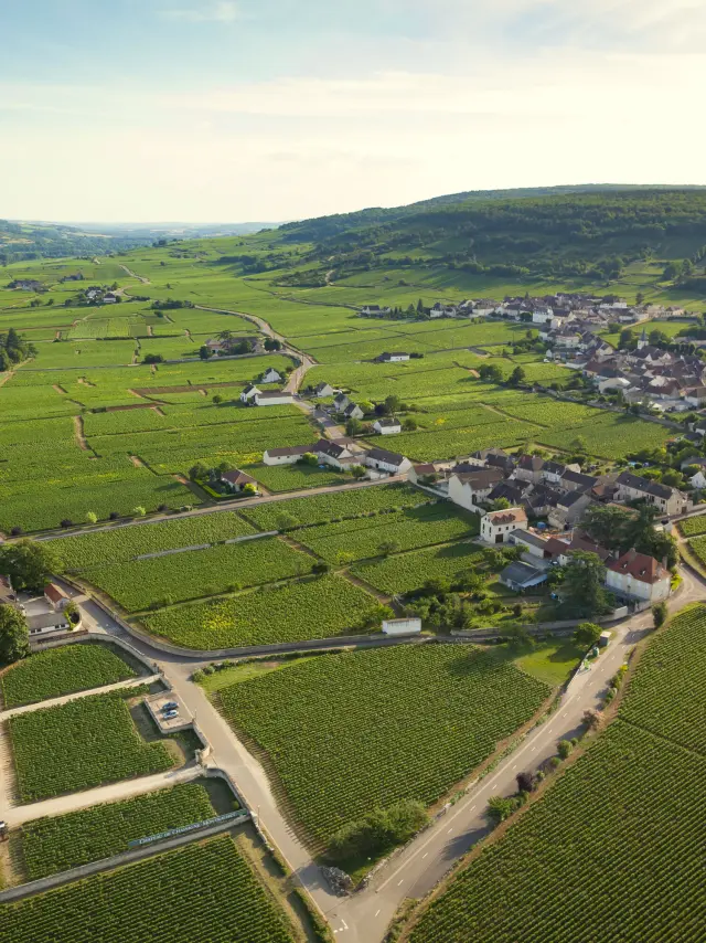 Chassagne Montrachet vue du ciel sur la Route des Grands Crus de Bourgogne