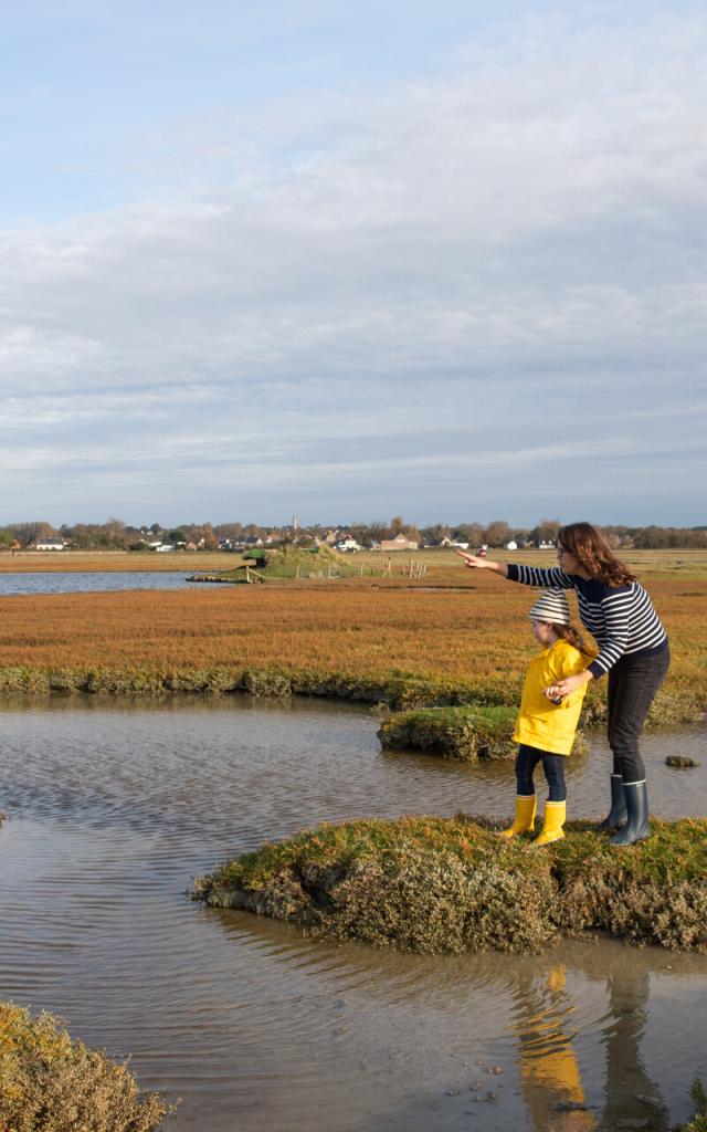 Une mère et sa fille se promènent dans les prés salés du havre de la Vanlée à Bricqueville-sur-Mer