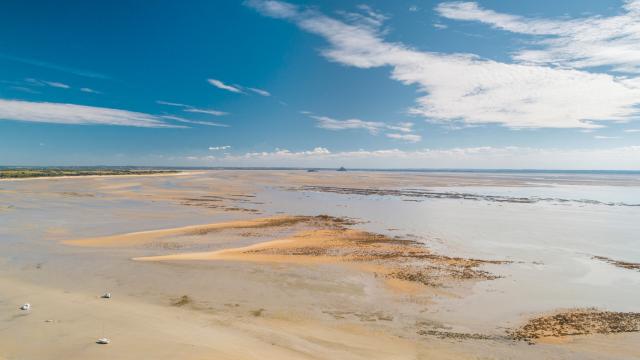 Vue sur la baie du Mont Saint-Michel à marée basse depuis les falaises de Champeaux