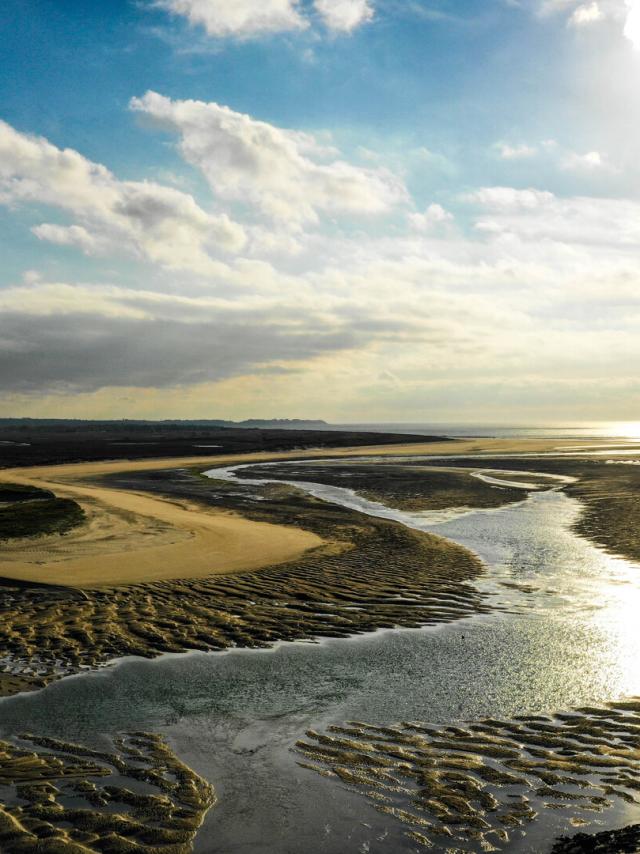 Aerial view of the end of the world at low tide in the havre de la Vanlée