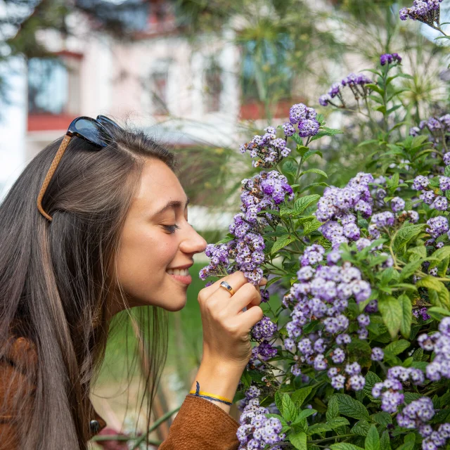 Une femme sent le parfum des fleurs dans le jardin du musée Christian Dior à Granville