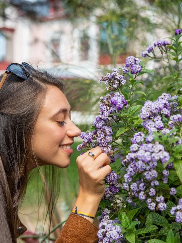 Une femme sent le parfum des fleurs dans le jardin du musée Christian Dior à Granville