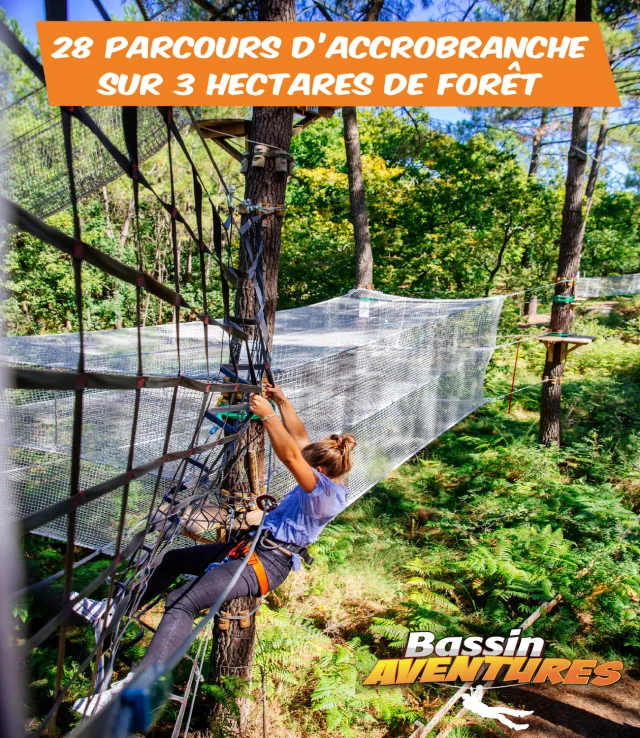 Publicité Bassin Aventure, accrobranche dans les arbres