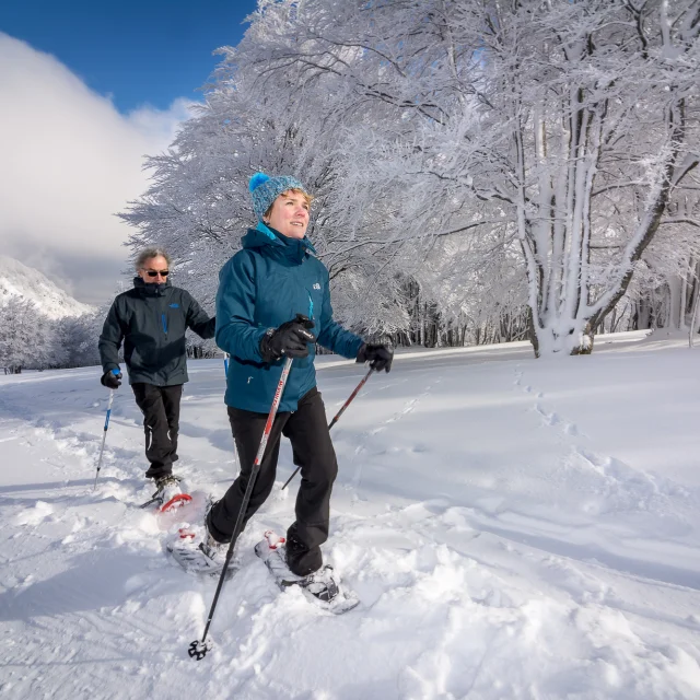 Un couple randonne avec les raquettes sous la neige au Ballon d'Alsace - Vosges du Sud