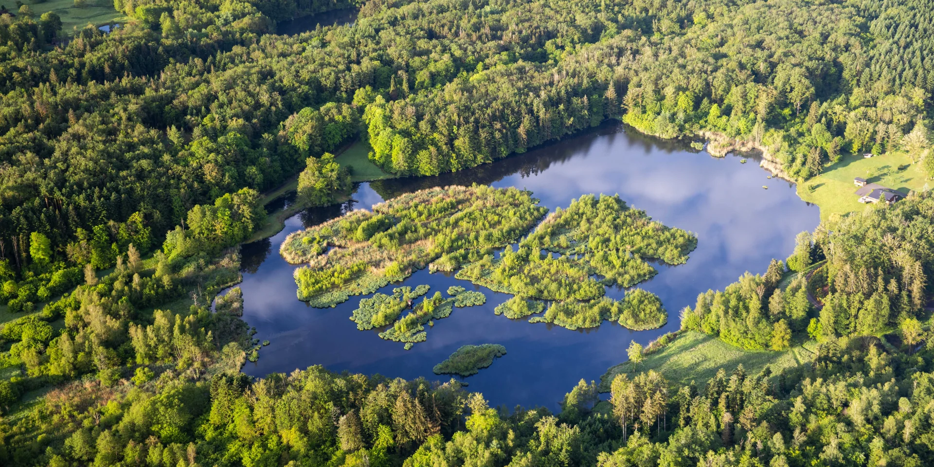 Vue aérienne des 1000 Étangs, montrant un étang entouré de forêt et de verdure, et au milieu duquel se trouve plusieurs petites îles. Une ferme typique de la région se trouve au bord de l'étang, marquant ce paysage emblématique, surnommé « La Petite Finlande » - Plateau des 1000 Étangs - Vosges du Sud
