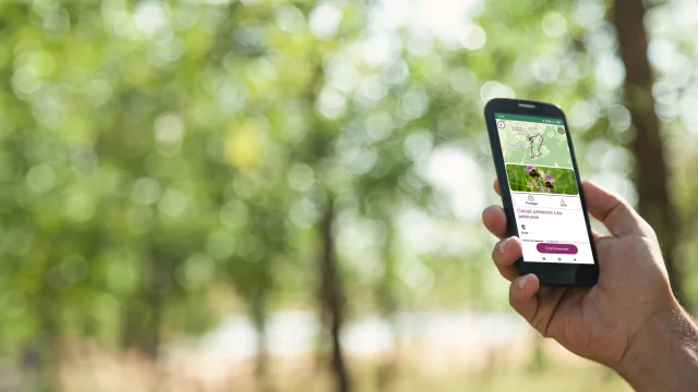 Une personne tient un smartphone avec l'application My Haute-Saône ouverte, permettant de suivre un itinéraire de randonnée pédestre en direct - Haute-Saône