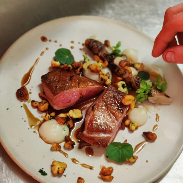 Recipe from L'Arbre Vagabond restaurant DUCK FILET, TOPINAMBOURS PUREE, SALSIFIS & SPÄTZLES