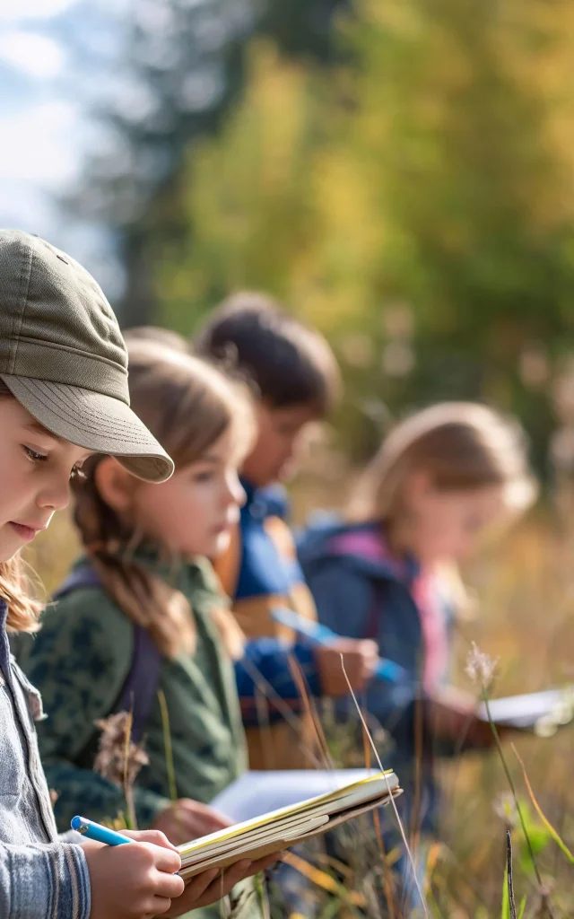 Un Groupe D Enfants En Excursion Dans La Nature Avec Des Cahiers Et Des Stylos A La Main Main