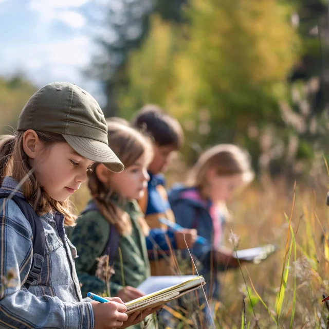 Un Groupe D Enfants En Excursion Dans La Nature Avec Des Cahiers Et Des Stylos A La Main Main
