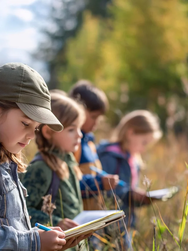 Un Groupe D Enfants En Excursion Dans La Nature Avec Des Cahiers Et Des Stylos A La Main Main