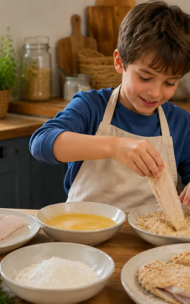 Petit garçon qui prépare du poisson pané maison